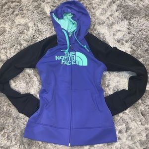 Violet, mint green black north face jacket